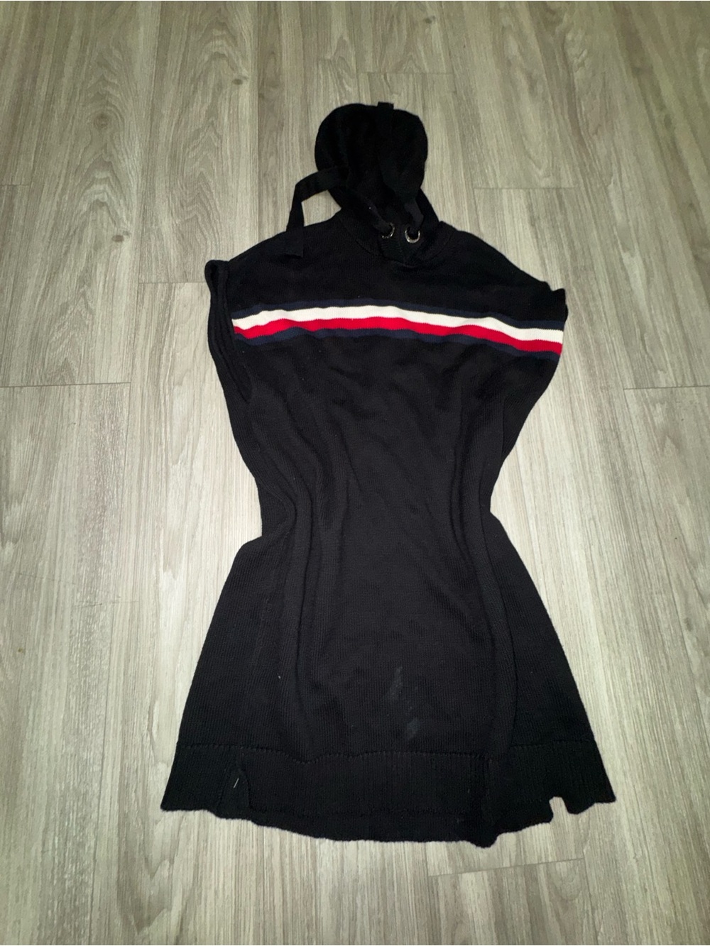 Tommy Hilfiger Black Midi Hooded Sweater Dress with Red, White & Navy Stripes